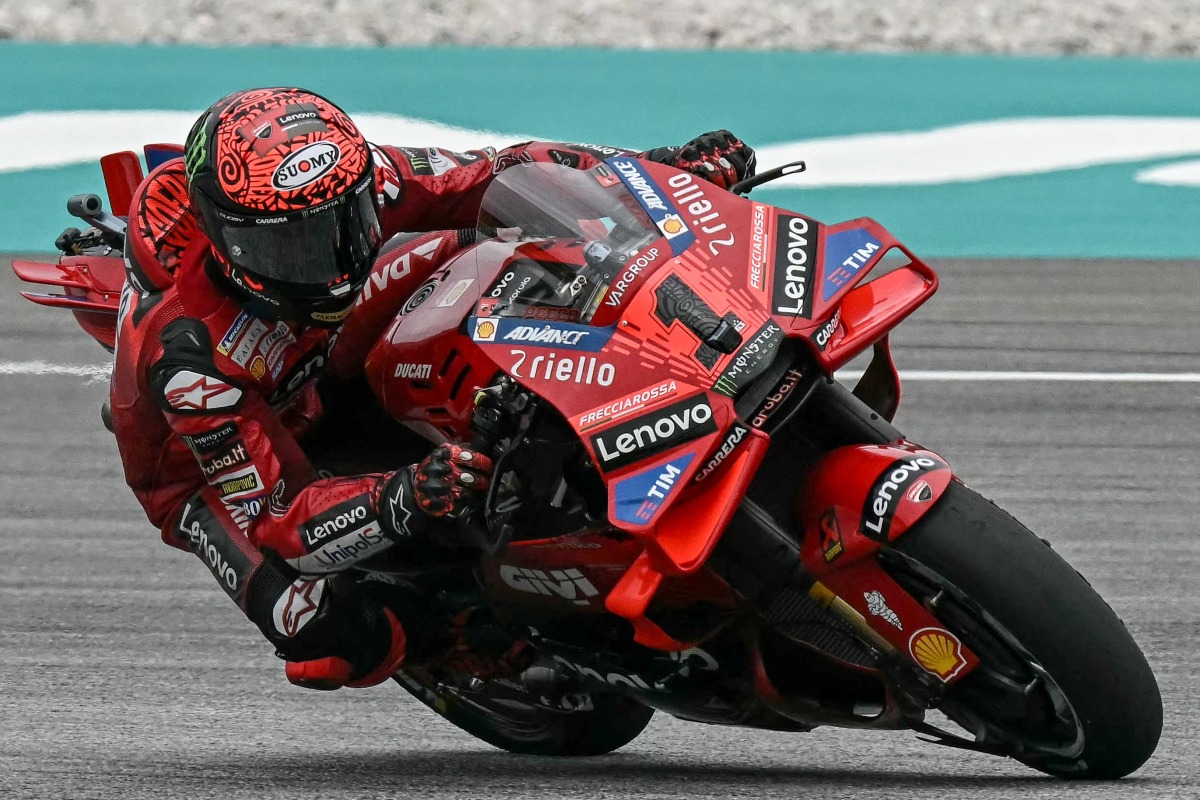 Ducati Lenovo Team's Italian rider Francesco Bagnaia rides during the second free practice of the MotoGP Malaysian Grand Prix at the Sepang International Circuit in Sepang on November 2, 2024. (Photo by Lillian SUWANRUMPHA / AFP)