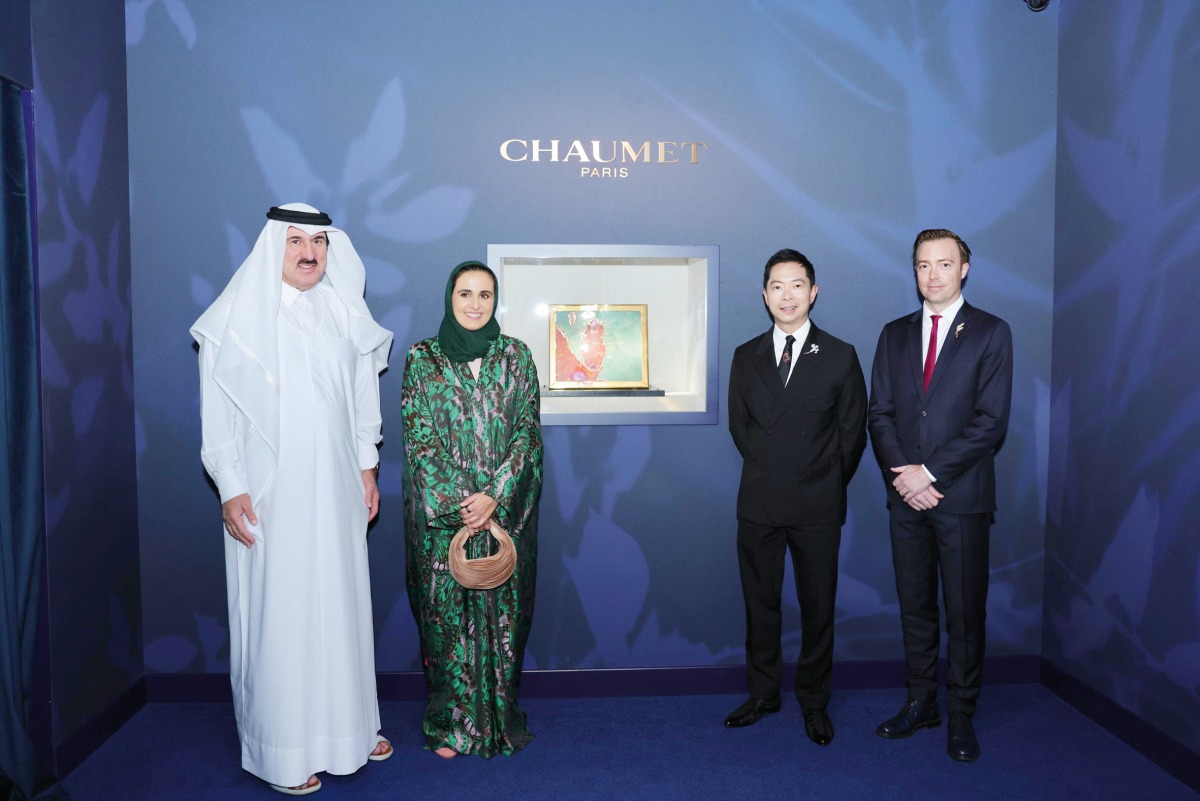 Chairperson of Qatar Museums H E Sheikha Al Mayassa bint Hamad bin Khalifa Al Thani (second left) and CEO Chaumet Charles Leung (second right) during the launch of the exhibition in Doha recently.  
