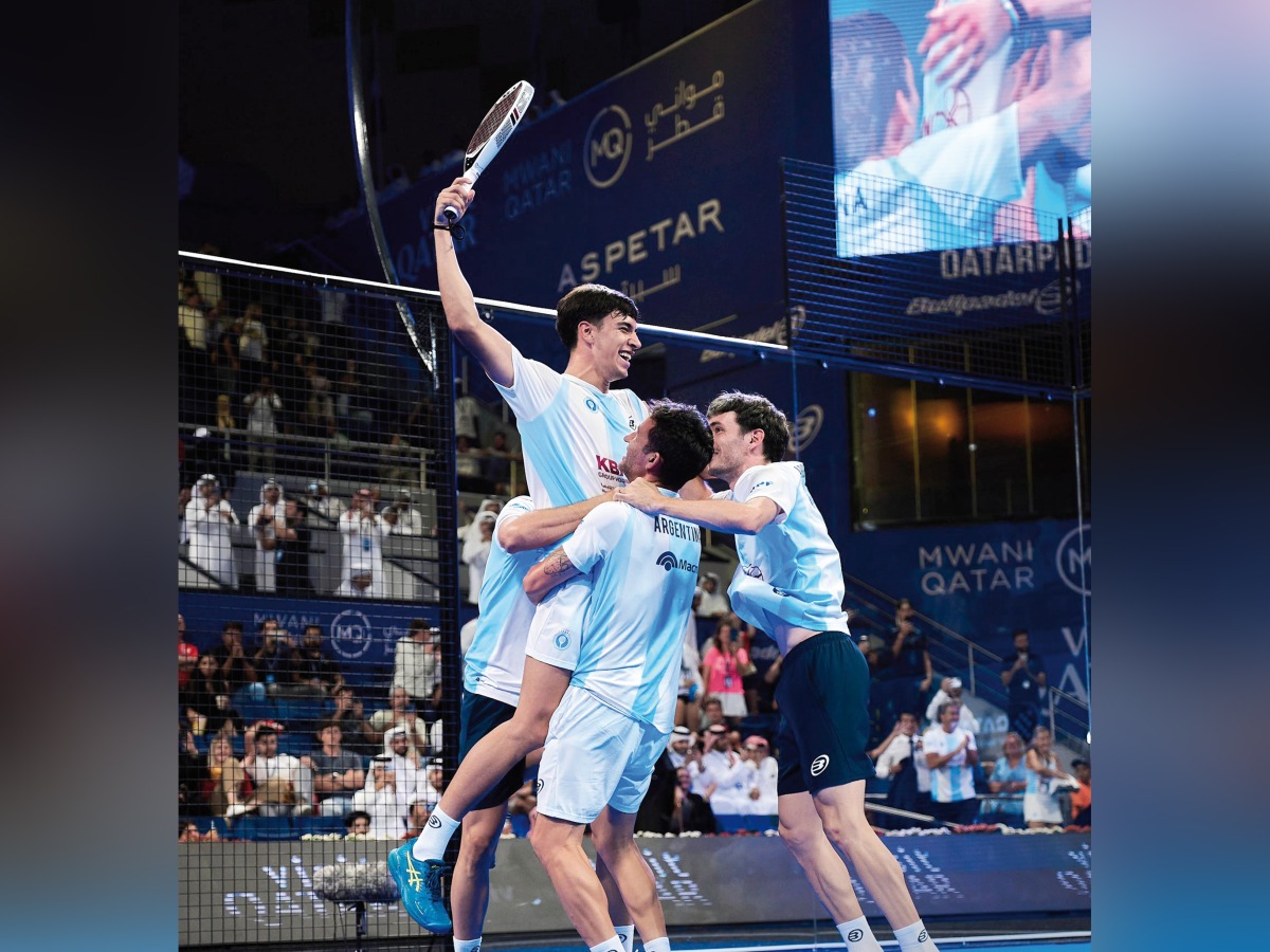 Argentina players celebrate after defeating Spain in the men's final.