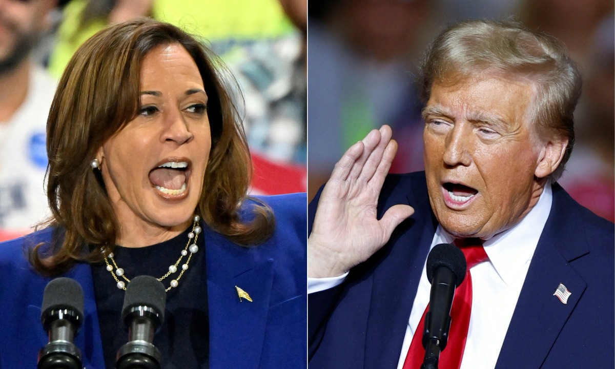 (COMBO) This combination of pictures created on November 02, 2024 shows US Vice President and Democratic presidential candidate Kamala Harris (L) speaks during a campaign rally at the Craig Ranch Amphitheater in Las Vegas, Nevada, on October 31, 2024, and former US President and Republican presidential candidate Donald Trump (R) gestures as he speaks at a campaign rally at the Fiserv Forum in Milwaukee, Wisconsin, November 1, 2024.. (Photo by David Becker and KAMIL KRZACZYNSKI / AFP)
