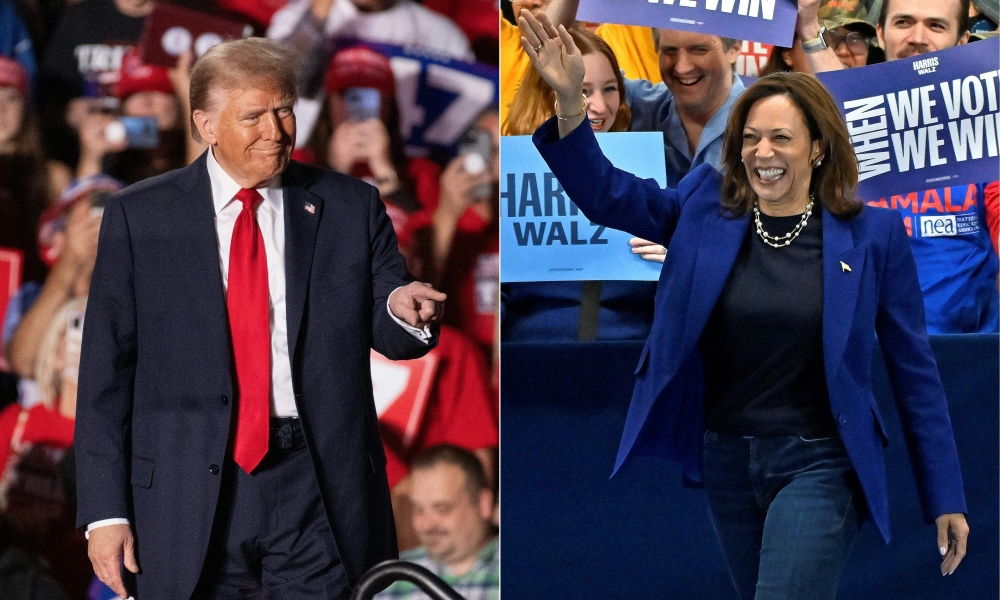 This combination of pictures created on November 02, 2024 shows Former US President and Republican presidential candidate Donald Trump (L) as he arrives on stage to speak during a campaign rally at the Sports and Expo Center at Macomb Community College in Warren, Michigan, November 1, 2024, and US Vice President and Democratic presidential candidate Kamala Harris (R) walks on stage as she arrives for a campaign rally at the Craig Ranch Amphitheater in Las Vegas, Nevada, on October 31, 2024.. (Photo by Roberto Schmidt and David Becker / AFP)