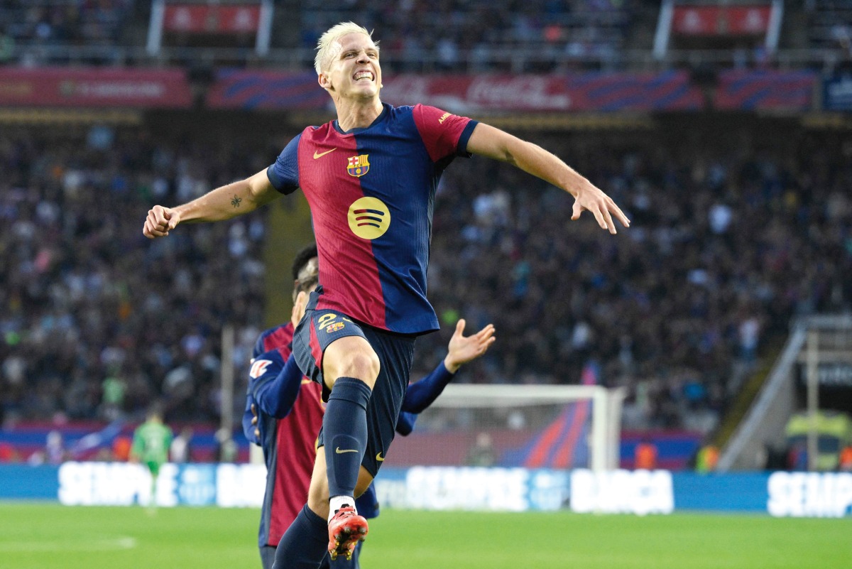 Barcelona’s Spanish forward Daniel Olmo celebrates scoring team’s third goal on November 4, 2024.