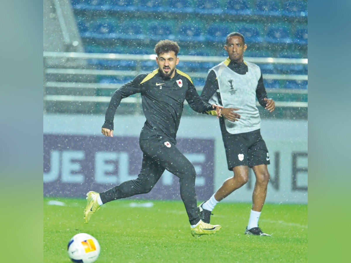 Al Rayyan players during a training session at Stadion Majmuasi in Tashkent yesterday.   