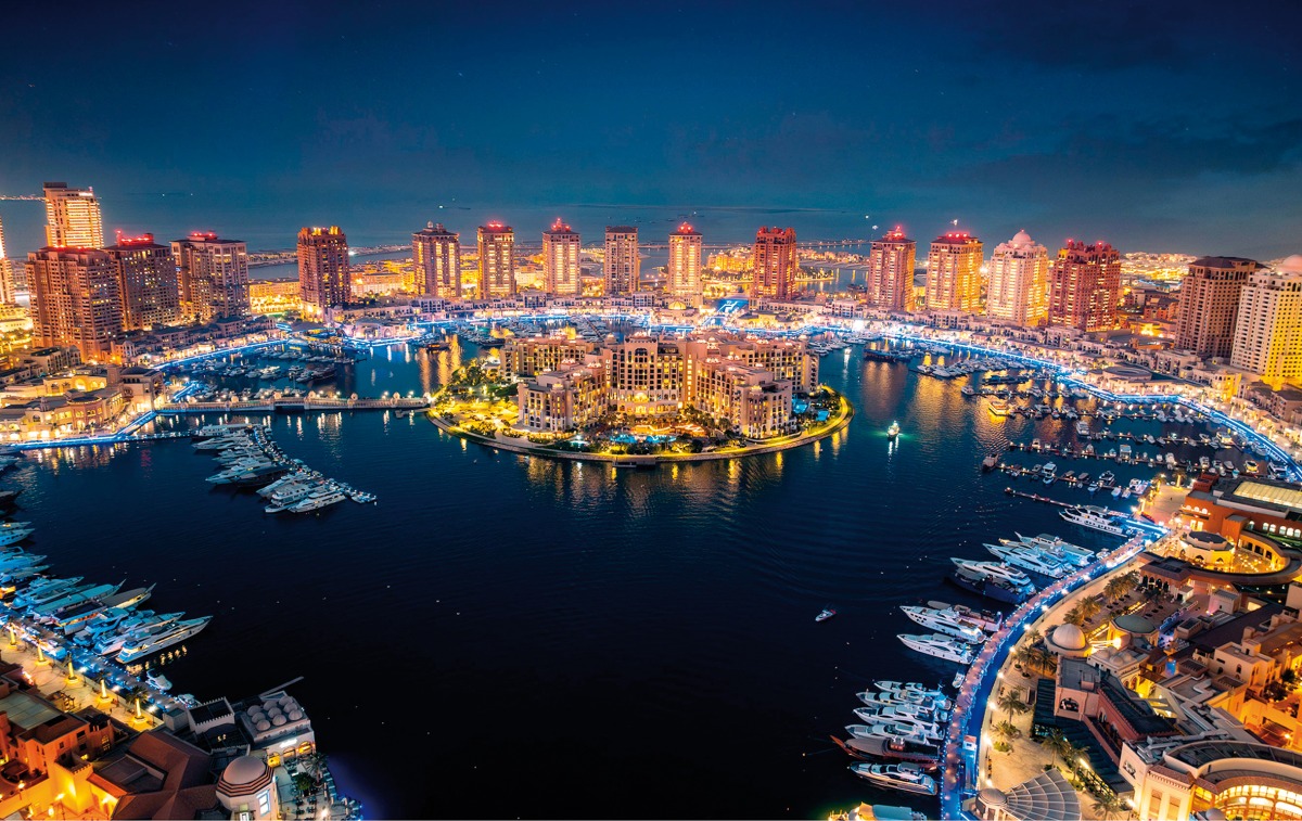 An aerial view of the Porto Arabia Marina at The Pearl Qatar.