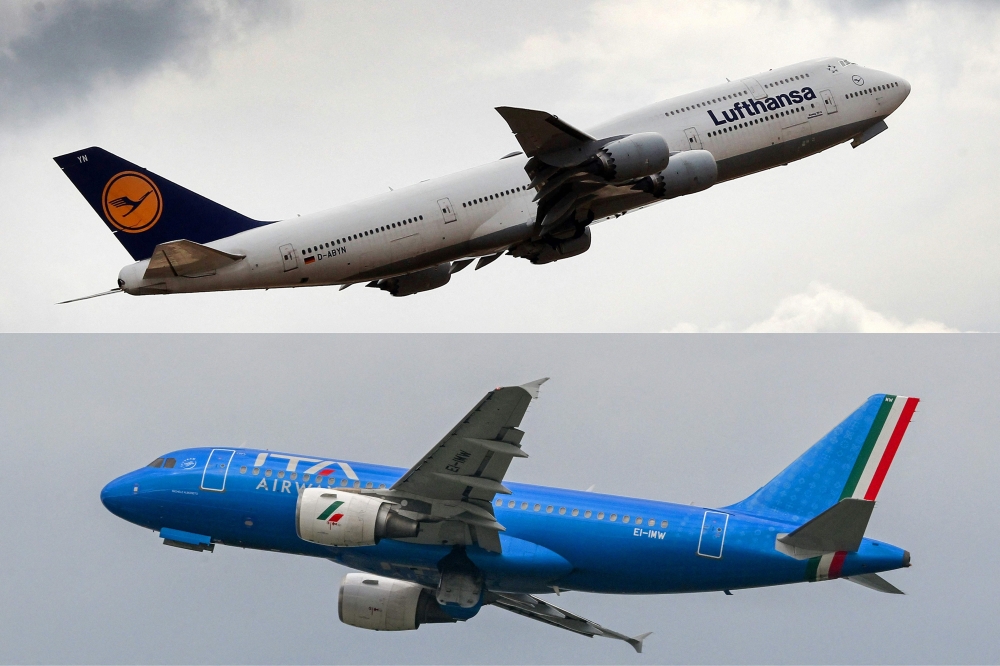 This file combination of photos created on January 27, 2023 shows (top) a Lufthansa Boeing 747 taking off overhead at the airport in Frankfurt am Main, western Germany, on August 1, 2022, and an Airbus A319-112 bearing the ITA Airways logo taking off from Rome's Fiumicino airport. (Photo by Daniel Roland and Andreas Solaro / AFP)