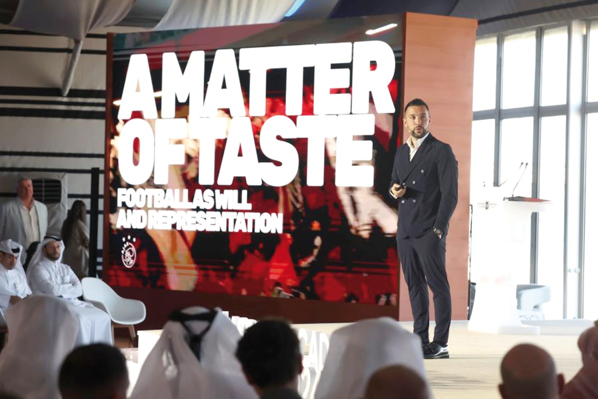 Ajax coach and former Aspire coach Francesco Farioli addresses the opening session of the Aspire Academy Global Summit's 10th annual edition at the Regency Sealine Camp, yesterday.