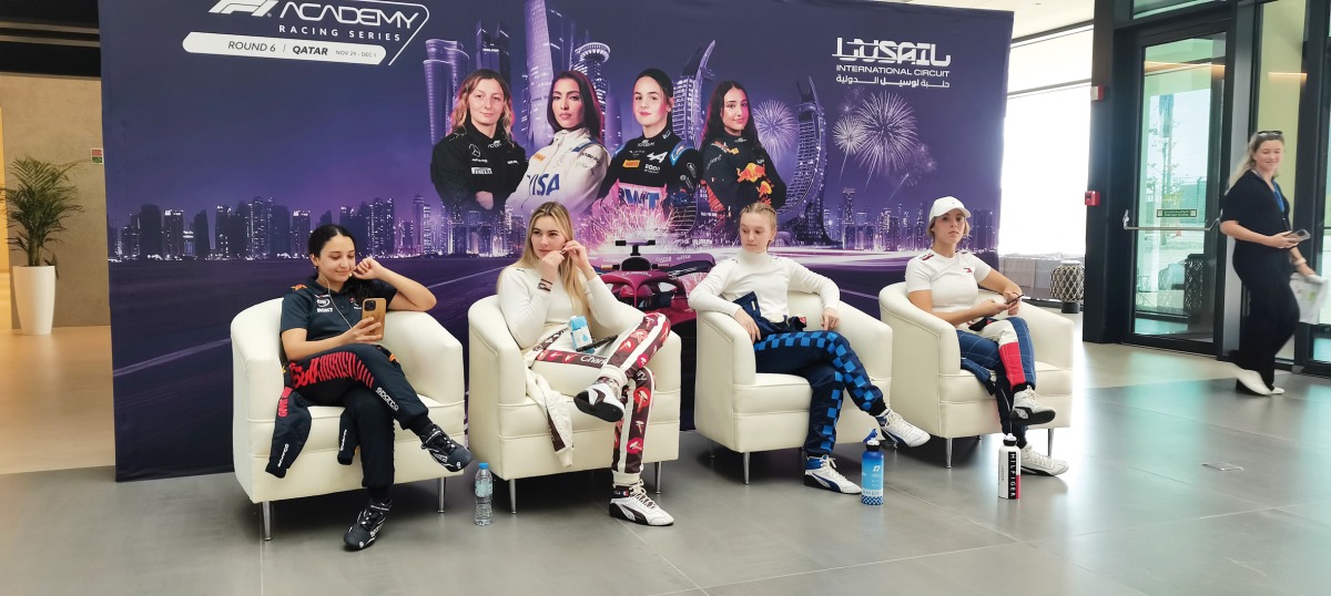 FROM LEFT: F1 Academy drivers Hamda Al Qubaisi of Red Bull Racing, Lola Lovinfosse of Rodin Motorsport, Jessica Edgar of Rodin Motorsport and Nerea Marti of Campos Racing during an interaction with the media at the Lusail International Circuit yesterday.