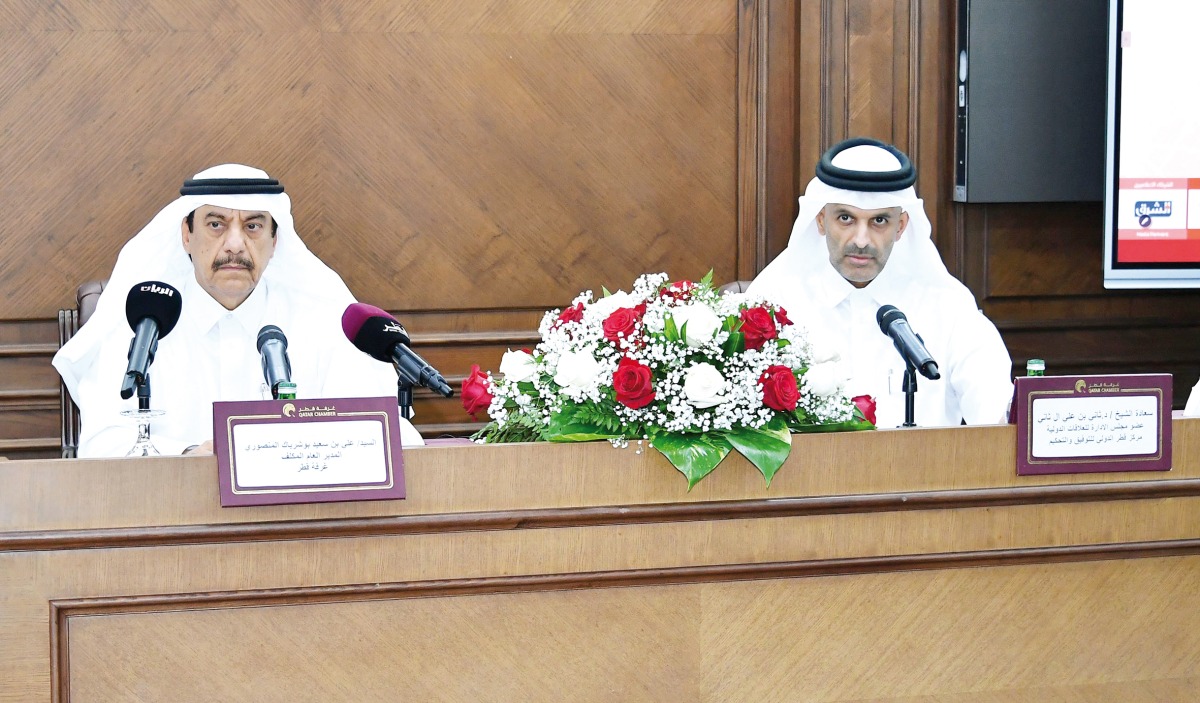 QC Acting General Manager Ali Saeed Bu Sharbak Al Mansori and QICCA Board Member for International Relations Dr. Sheikh Thani bin Ali Al Thani during the press conference.