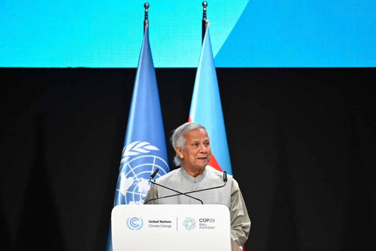 Bangladesh's interim leader Muhammad Yunus gives a speech during the United Nations Climate Change Conference (COP29) in Baku on November 13, 2024. Photo by Alexander NEMENOV / AFP.