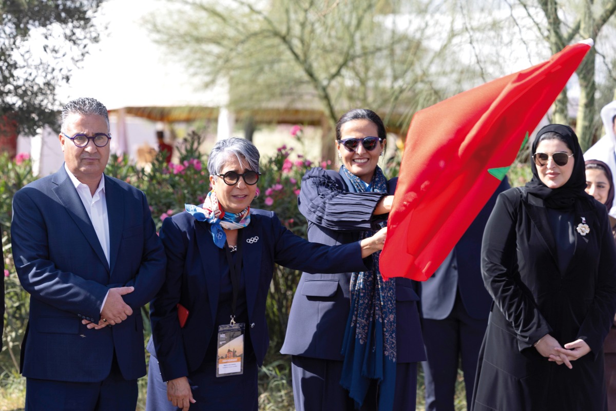 Qatar Museums Chairperson H E Sheikha Al Mayassa bint Hamad bin Khalifa Al Thani; Minister of State for International Cooperation at the Ministry of Foreign Affairs H E Maryam bint Ali bin Nasser Al Misnad; and other dignitaries at the event in Marrakesh. 