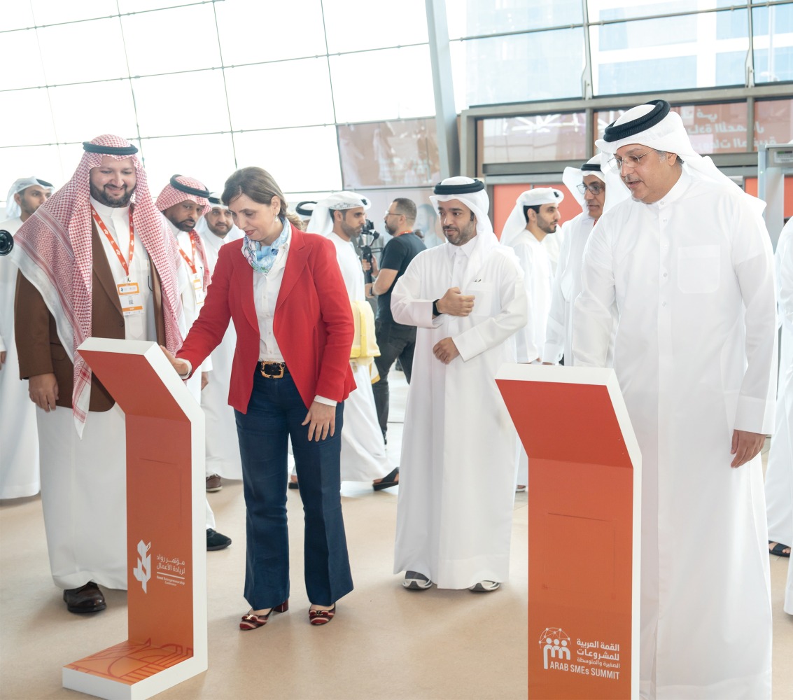 Minister of Communications and Information Technology H E Mohammed bin Ali bin Mohammed Al Mannai and ESCWA Executive Secretary Rola Dashti with other dignitaries and officials during the opening of Rowad Entrepreneurship Conference and Arab SMEs Summit 2024.