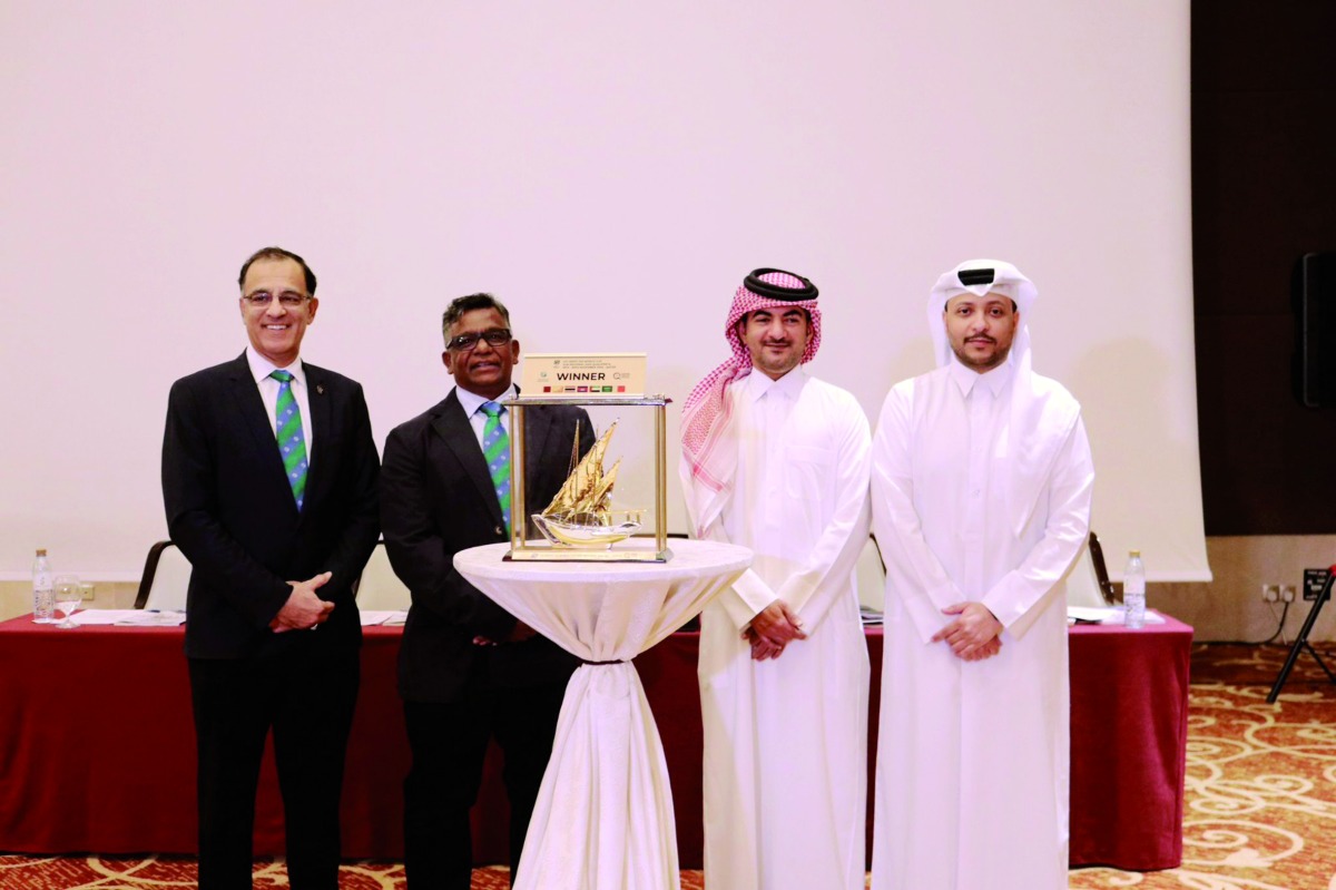 Qatar Cricket Association (QCA) Secretary-General Khalid Saleh Al Rumaihi, QCA CEO Khaled Al Suwaidi and ICC officials during the ICC Men’s T20 World Cup Asia Sub Regional Qualifier B trophy unveiling yesterday.