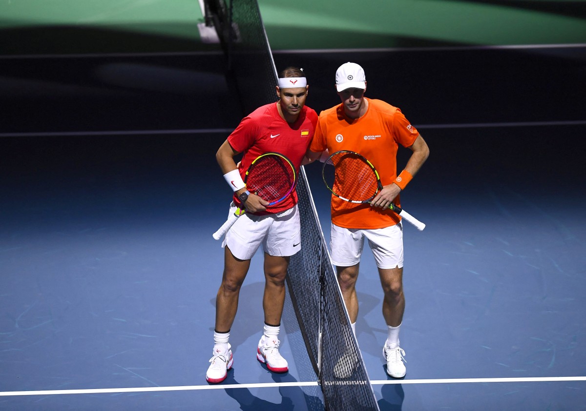 Spain's Rafael Nadal and Netherlands' Botic van de Zandschulp pose prior the quarter-final singles match between Netherlands and Spain during the Davis Cup Finals at the Palacio de Deportes Jose Maria Martin Carpena arena in Malaga, southern Spain, on November 19, 2024. Photo by Jorge GUERRERO / AFP.