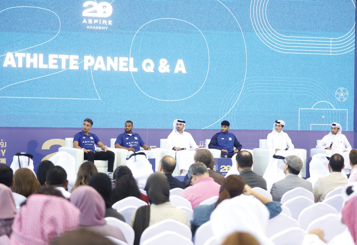 Aspire Academy graduates and student-athletes Abdulla Al Tamimi, Mohammed Al Mahmoud, Owaab Barrow, Ali Turki, Mohammed Abdulwahhab and  Abdulrahman Alyafei attend a question-and-answer session.