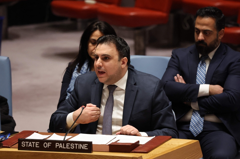 Ambassador Majed Bamya, Deputy Permanent Observer of the State of Palestine to the UN, speaks during a United Nations Security Council meeting on the situation in the Middle East, at the UN headquarters in New York City on November 20, 2024 . (Photo by Michael M Santiago / Getty Images via AFP)