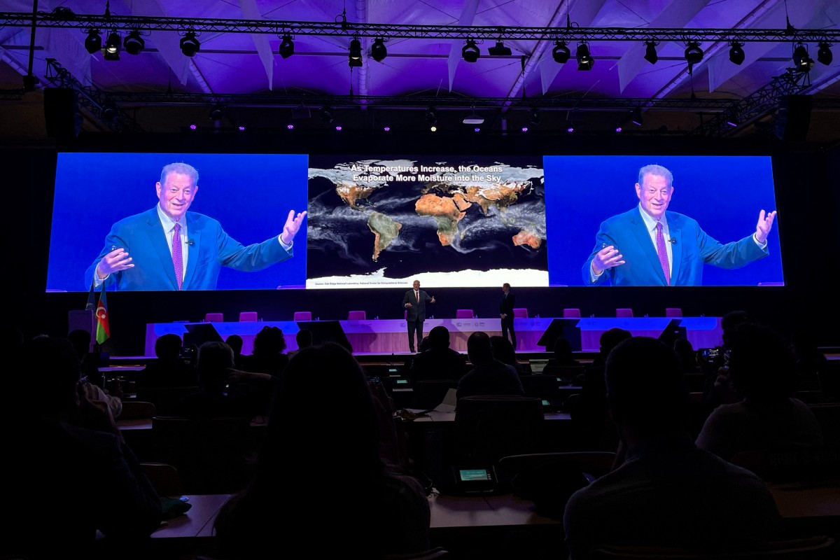 Former US vice president Al Gore speaks during a session at the United Nations Climate Change Conference (COP29) in Baku on November 15, 2024. Photo by Laurent THOMET / AFP.