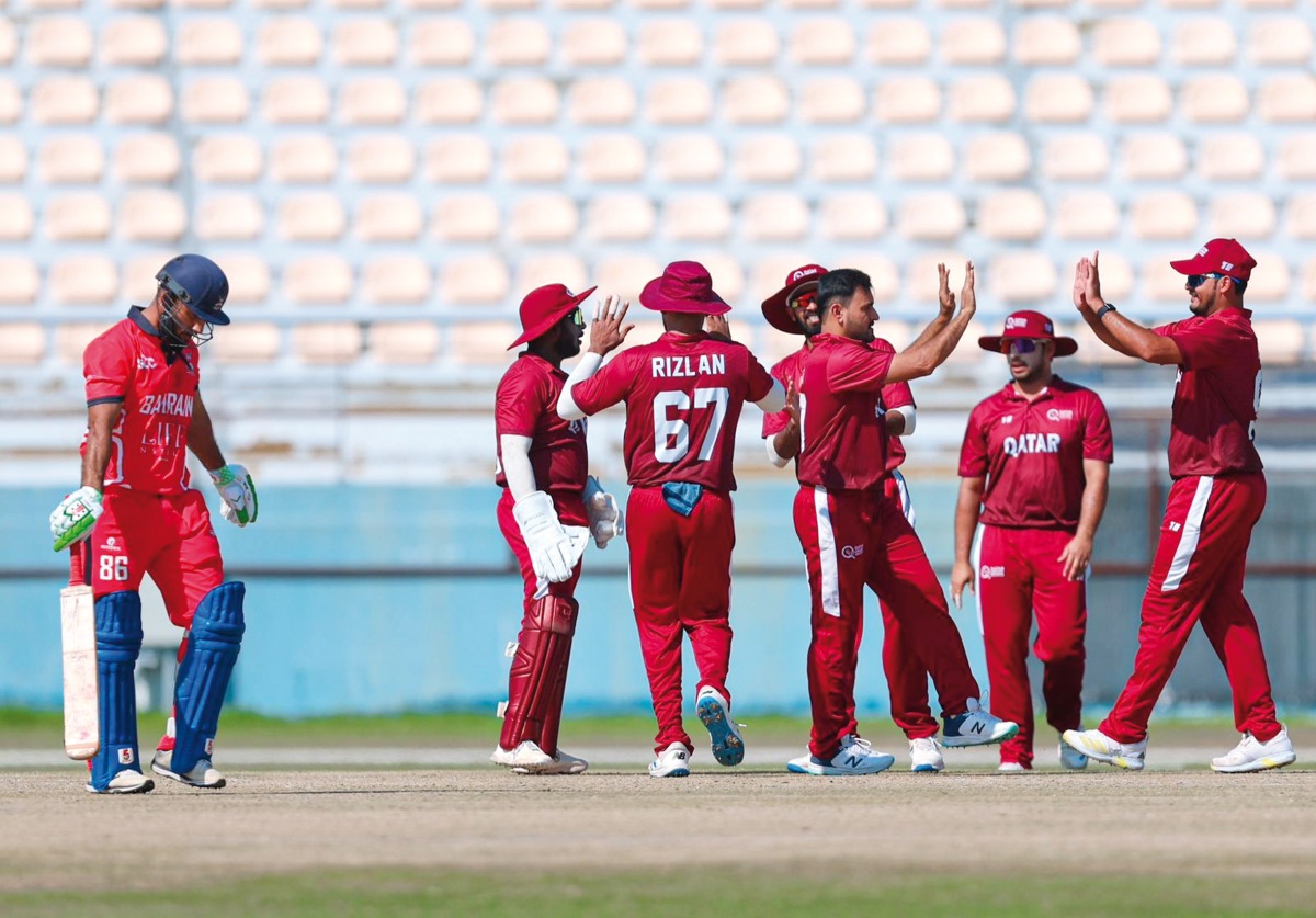 Qatar players celebrate after taking a wicket.