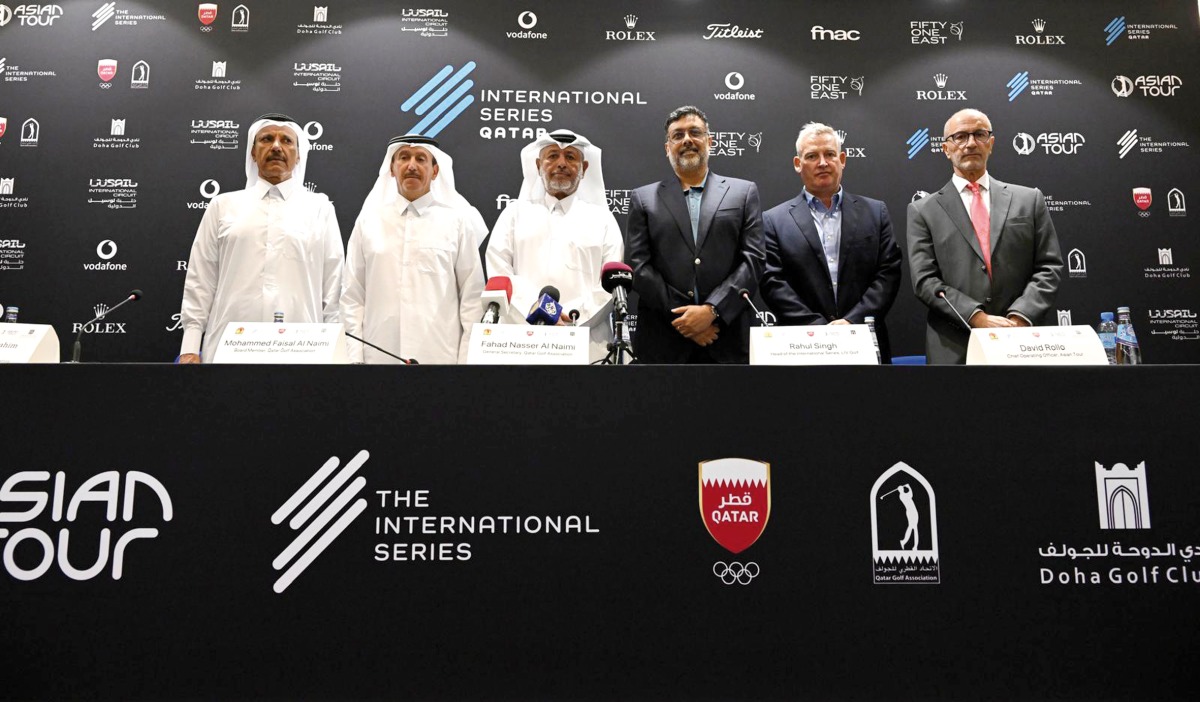 FROM LEFT: Qatar Golf Association (QGA) Board Members Mohammed Ibrahim Al Muhanadi and Mohammed Faisal Al Naimi, QGA General Secretary Fahad Nasser Al Naimi, Head of the International Series Rahul Singh, Asian Tour Chief Operating Officer David Rollo and QGA Technical Expert Mike Shoueiry pose for a photo during a press conference. 