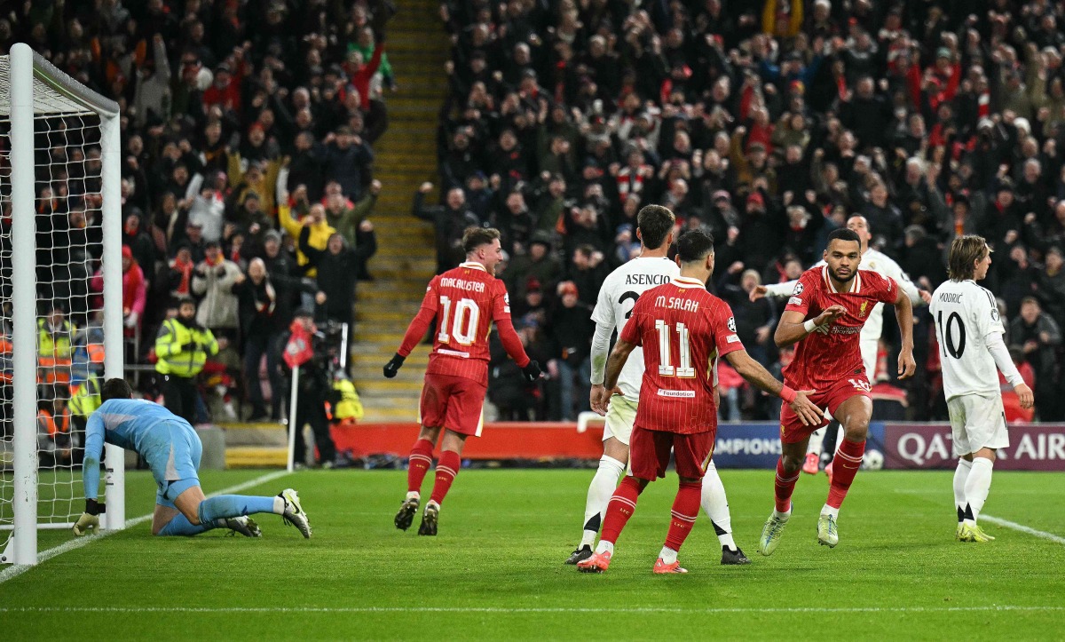 Liverpool's Dutch striker #18 Cody Gakpo (2R) celebrates scoring the team's second goal during the UEFA Champions League football match between Liverpool and Real Madrid at Anfield in Liverpool, north west England on November 27, 2024. (Photo by Oli SCARFF / AFP)
