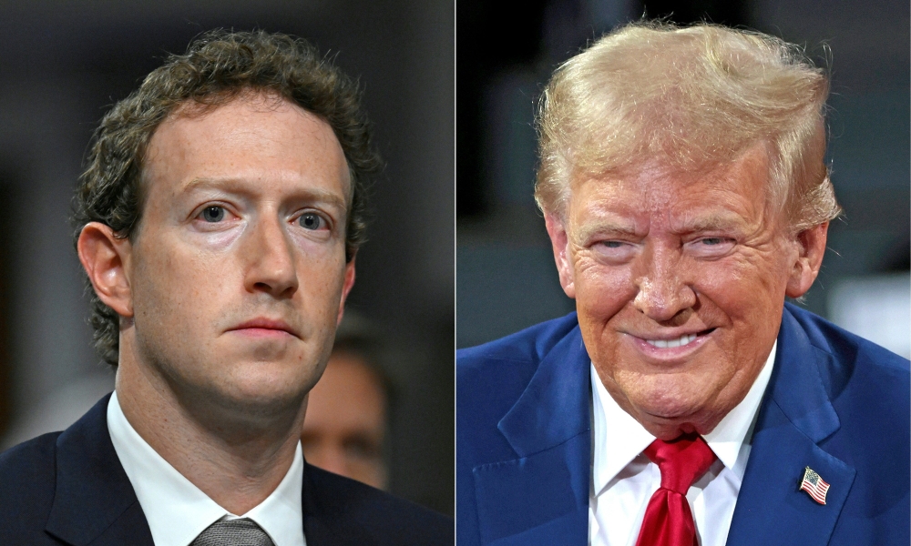 This combination of pictures created on November 27, 2024 shows Mark Zuckerberg (left), CEO of Meta, on January 31, 2024, and former US President and Republican presidential candidate Donald Trump on September 17, 2024.(Photo by Andrew Caballero-Reynolds and Jeff Kowalsky / AFP)