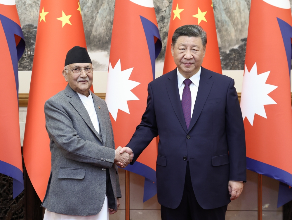 Chinese President Xi Jinping meets with Nepali Prime Minister KP Sharma Oli, who is on an official visit to China, at the Diaoyutai State Guesthouse in Beijing, capital of China, on December 3, 2024. (Xinhua/Yao Dawei)