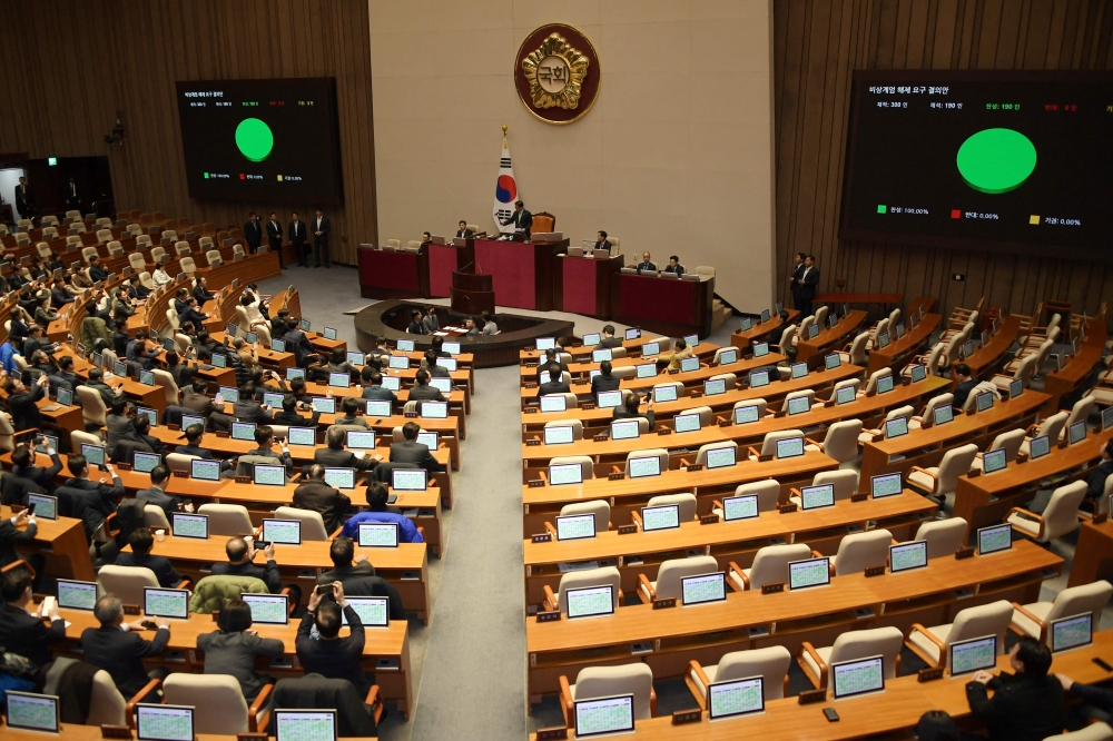 South Korea's National Assembly Speaker Woo Won-shik (Centre top) passes a resolution demanding the immediate lifting of martial law at the National Assembly in Seoul on December 4, 2024, after South Korea President Yoon Suk Yeol declared martial law. (Photo by Yonhap / AFP) 