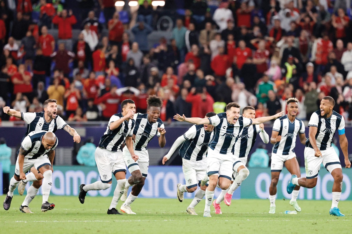 Pachuca’s players celebrate after winning the penalty shoot-out against Egypt’s Al Ahly at Stadium 974 in Doha yesterday. AFP