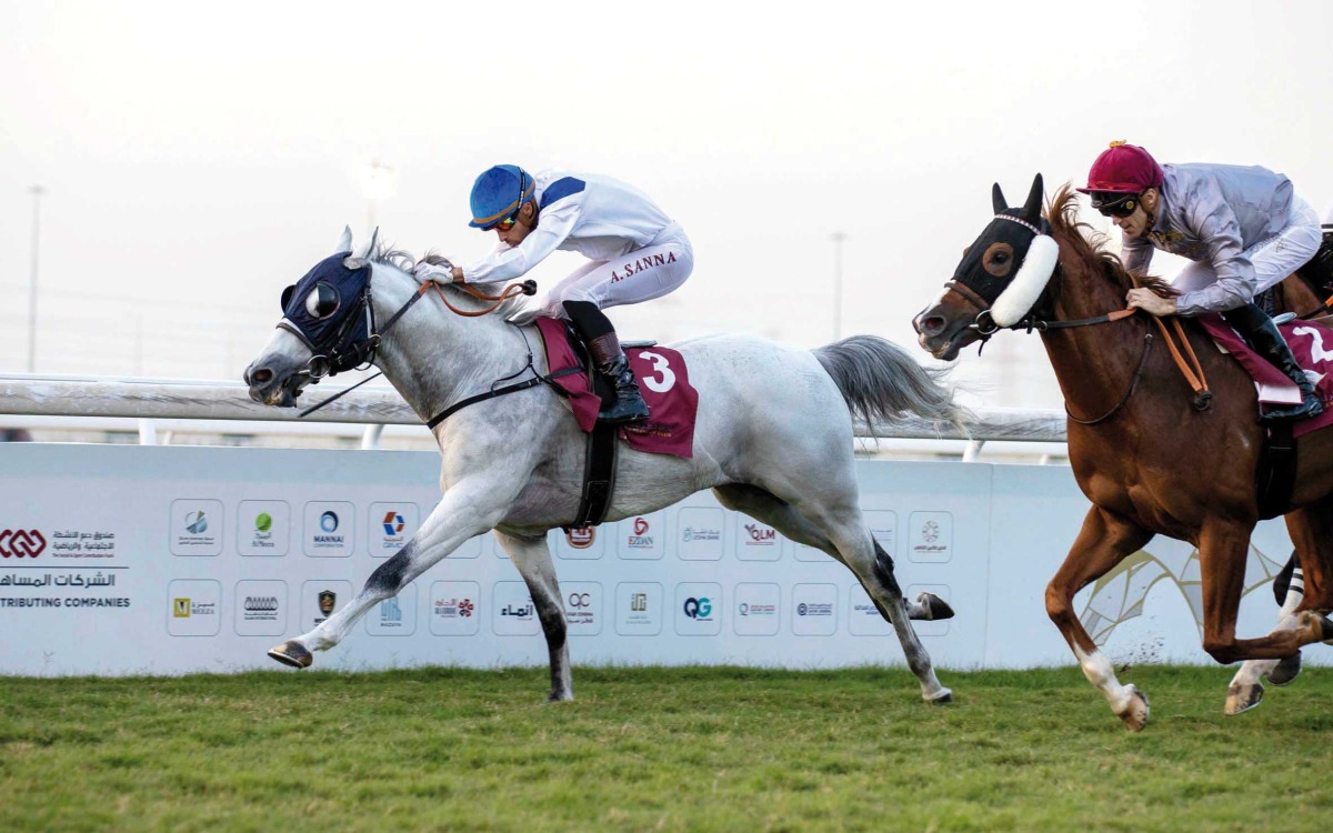 Al Sij Al Sakab on his way to win the Late Sheikh Jassim Bin Mohammed Bin Thani Trophy under jockey Alberto Sanna.