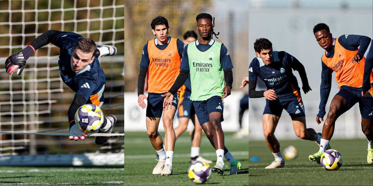 Real Madrid's Vinicius Junior (right) and Jesus Vallejo in action during a training session in Madrid yesterday. Photos by Real Madrid