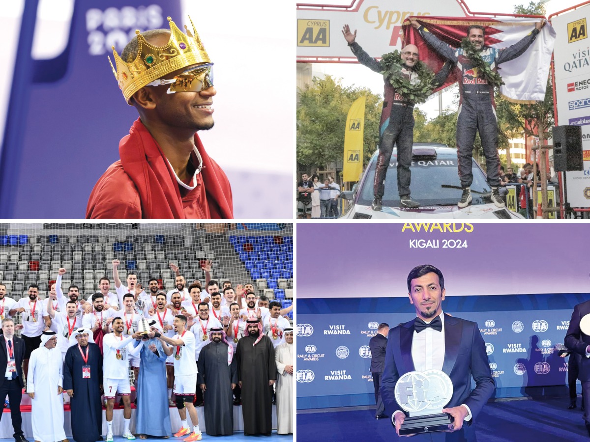 Clockwise from top left: Mutaz Barshim etched his name into history by becoming the first athlete to win four Olympic medals in the high jump; Nasser Saleh Al Attiyah (right) clinched his third consecutive W2RC title, marking his eighth world title overall; Abdulaziz Al Kuwari was crowned as the Middle East Rally Champion at the 2024 FIA Awards Ceremony; and Qatar players celebrate after winning their 6th consecutive Asian Men's Handball Championship title. 
