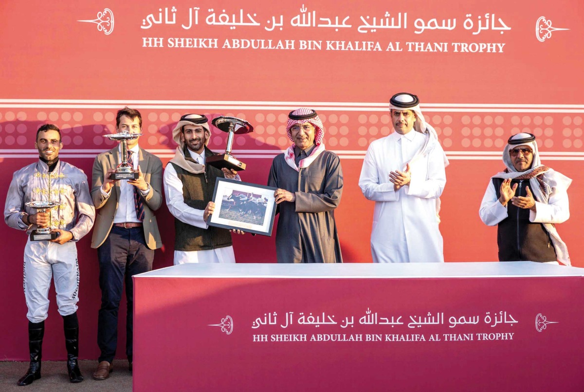 H H Sheikh Abdullah bin Khalifa Al Thani honoured Al Shaqab Racing after Al Mirage's thrilling win at Al Uqda Racecourse yesterday. PICS: Juhaim/QREC