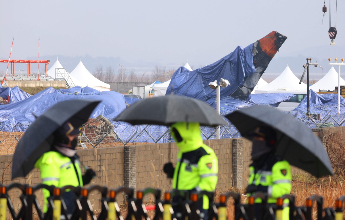 Tarpaulin covers shroud the wreckage of the Jeju Air Boeing 737-800 aircraft, which on December 29 crashed and burst into flames at Muan International Airport in Muan, some 288 kilometres southwest of Seoul, on January 5, 2025. Photo by YONHAP / AFP