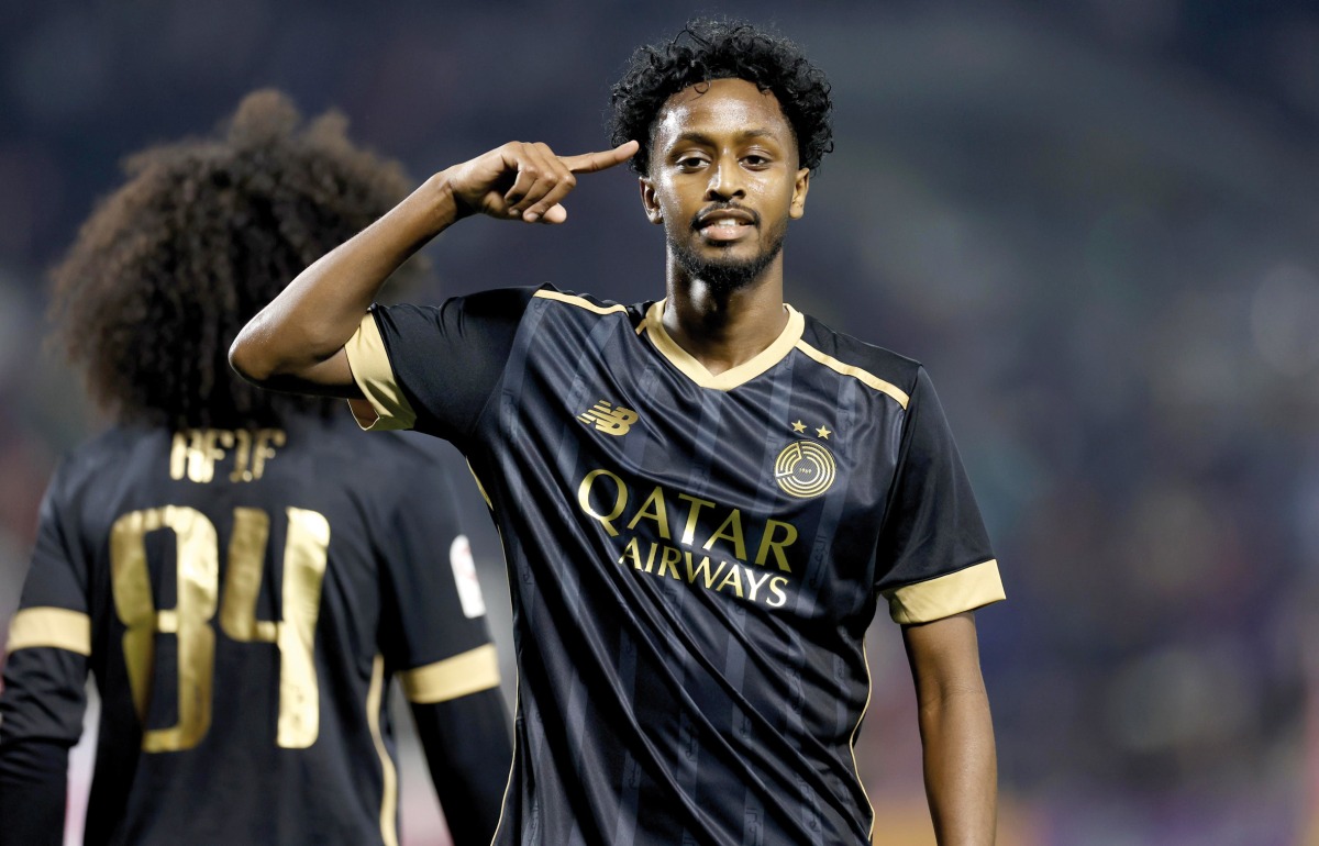 Yusuf Abdurrisag celebrates after scoring a goal for Al Sadd during the match against Al Shamal.