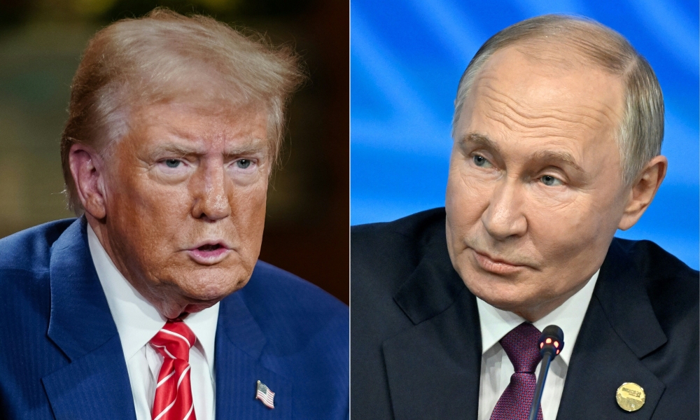 This combination of pictures created on November 7, 2024 shows former US President and Republican presidential candidate Donald Trump (left) in Cumming, Georgia, on October 15, 2024, and Russia's President Vladimir Putin in Kazan on October 24, 2024. (Photo by Elijah Nouvelage and Alexander Nemenov / AFP)