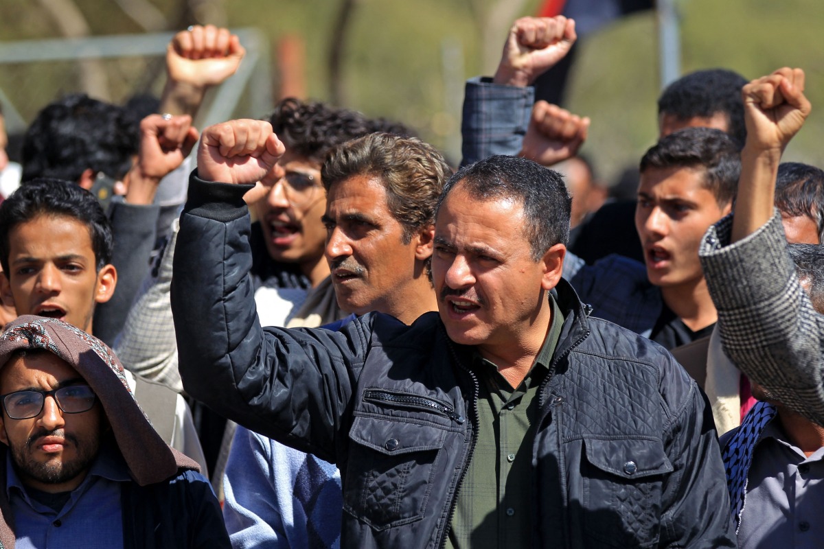 Yemeni university students and staff take part in an anti-Israel demonstration in the Huthi-controlled capital of Sanaa on January 22, 2025. (Photo by Mohammed HUWAIS / AFP)
