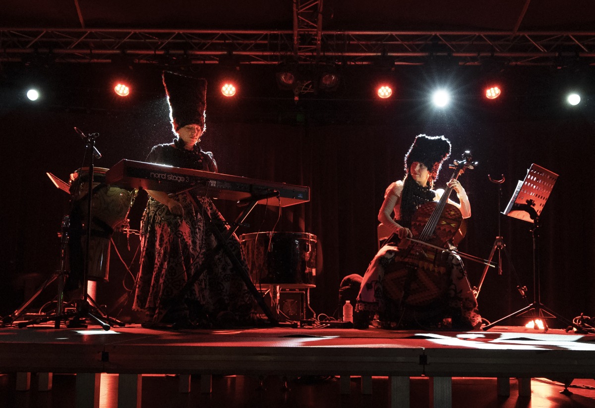 Iryna Kovalenko (L) and Nina Garenetska from the Ukrainian folk music quartet DakhaBrakha perform in Paris on January 22, 2025. (Photo by Sébastien Dupuy / AFP)
