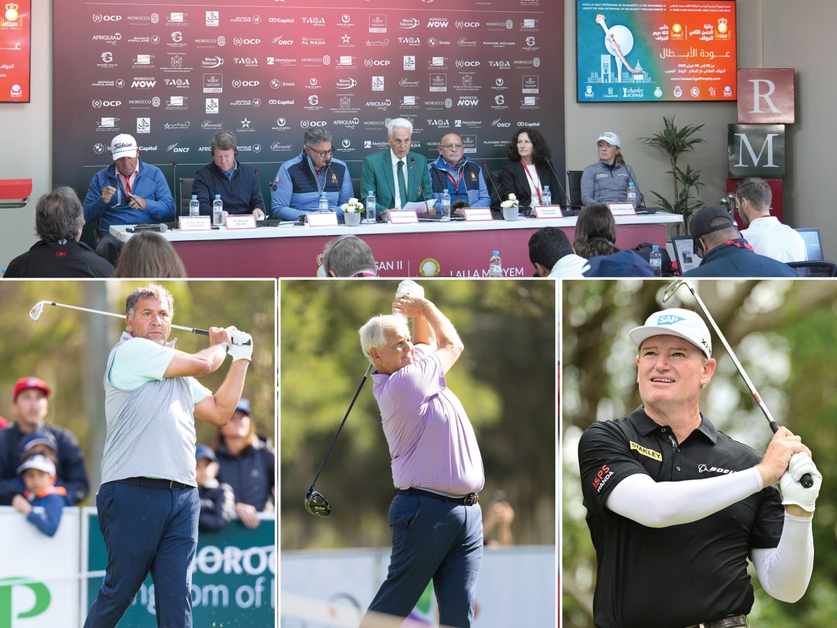 Top picture from left: Last year's Hassan II Golf Trophy winner Ricardo Gonzalez, PGA Tour Champions President Miller Brady, Royal Moroccan Golf Federation (RMGF) Second Vice President Hassan El Mansouri, RMGF First Vice President Maitre Zine, President of the Competition Organization Commission Jalil Benazzouz, former Lalla Meryem Cup winner Diane Barnard and defending champion Bronte Law during a press conference yesterday. Pic: Fawad Hussain /The Peninsula. Inset from left: Last year's Hassan II Golf Trophy winner Ricardo Gonzalez, Colin Montgomerie and Ernie Els  