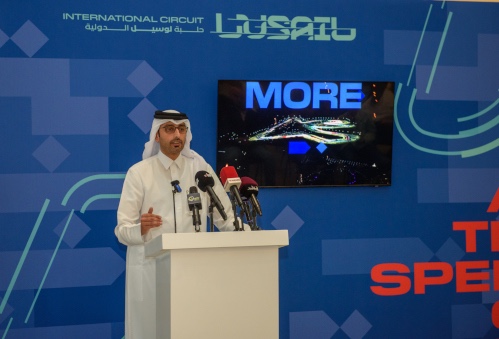 Lusail International Circuit CEO Abdulaziz Ali Al Mohannadi addressing the media.