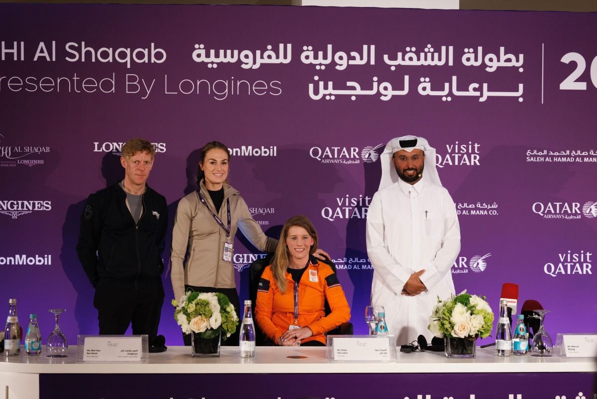 From left: German rider Marcus Ehning and Dutch riders Dinja van Liere and Rext van der Hulst pose with Event Director Mohammed Jaber Al Khayarin after the pre-event press conference.