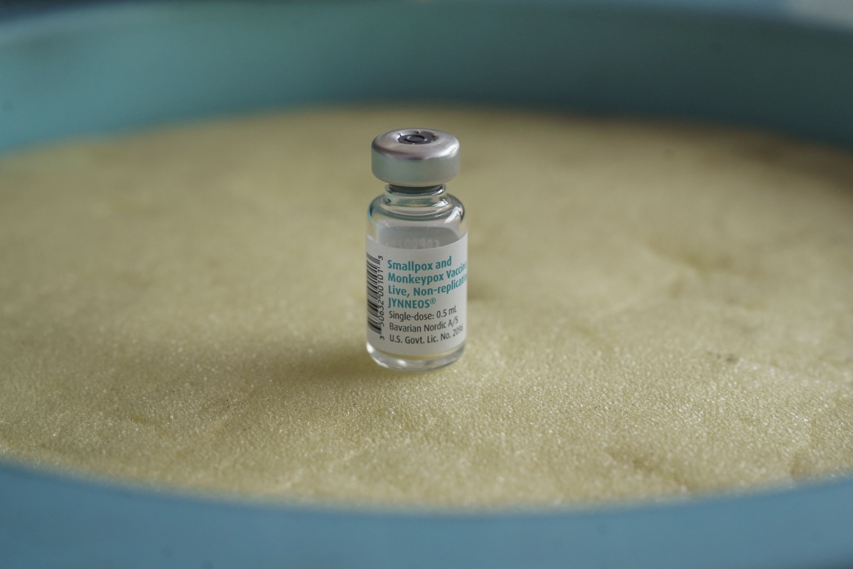 A vial of the mpox vaccine stands during the launch of a vaccination campaign at The General Hospital of Goma on October 5, 2024. Photo by Aubin Mukoni / AFP