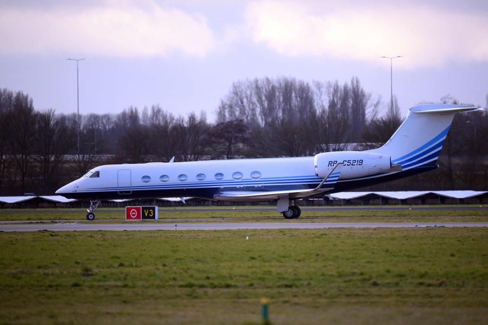 A Gulfstream G550 plane believed to carry former Philippine President Rodrigo Duterte is seen after landing at Rotterdam The Hague Airport, following his arrest on an International Criminal Court warrant tied to his deadly crackdown on drugs, on March 12, 2025. (Photo by John Thys / AFP)
