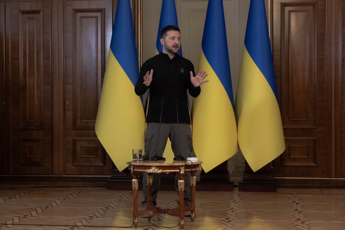 Ukraine's President Volodymyr Zelensky speaks to the media during a press conference in Kyiv on March 12, 2025. Photo by Roman PILIPEY / AFP.