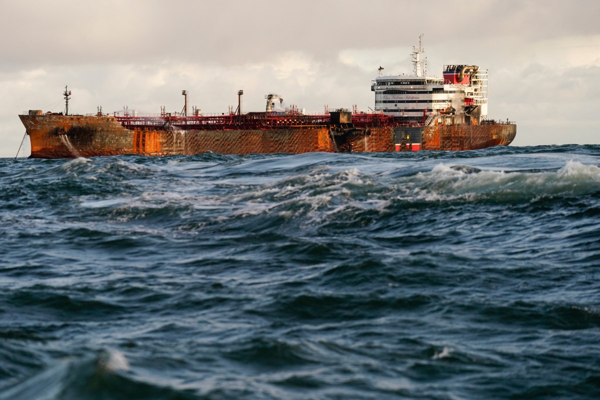 A photograph taken on March 12, 2025 shows the MV Stena Immaculate tanker at anchor in the North Sea, off the coast of Withernsea, east of England, after it was hit by the MV Solong container vessel on March 10. Photo by AFP