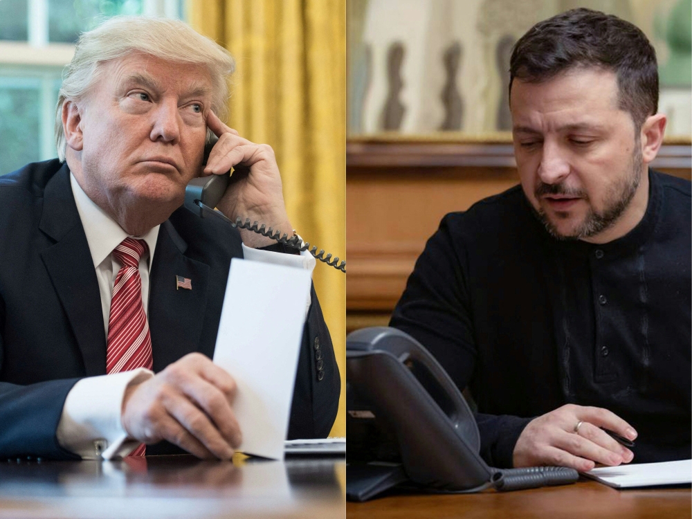 This combination of files pictures created on March 18, 2025 shows US President Donald Trump on the phone in the Oval Office at the White House in Washington, DC, on June 27, 2017 and a handout photograph taken and released by the Ukrainian Presidential Press Service on February 12, 2025, showing Ukraine's President Volodymyr Zelensky speaking during a phone call with the US president while sitting at his office in Kyiv. (Photo by Nicholas Kamm and Handout / AFP)