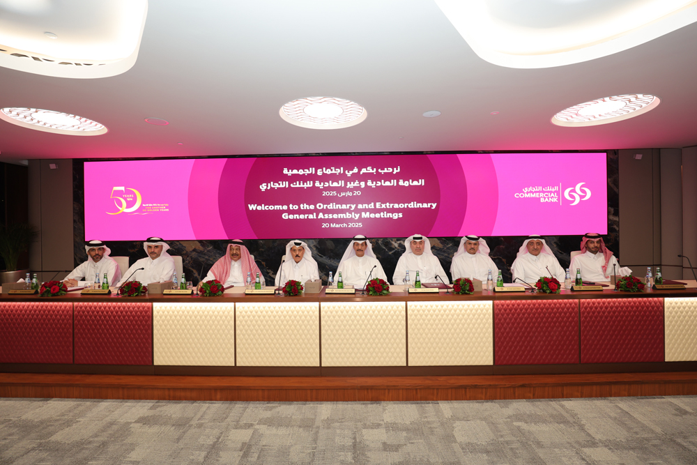 Commercial Bank Chairman Sheikh Abdulla bin Ali bin Jabor Al Thani along with other officials during the bank’s Annual and Extraordinary General Meetings held, yesterday.