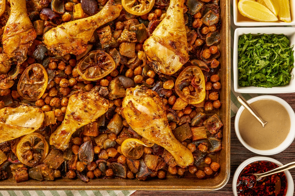 Sheet Pan Chicken and Chickpeas. Credit: Rey Lopez; food styling by Carolyn Robb/For The Washington Post