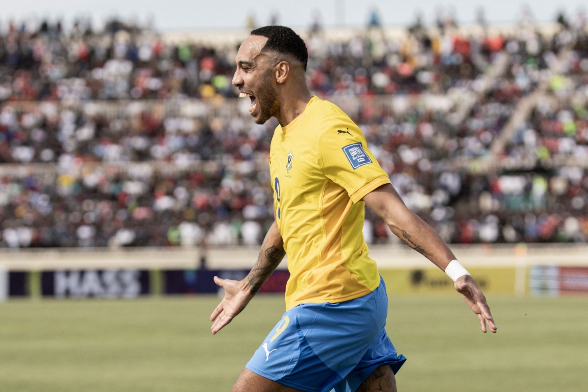 Gabon's #9 Pierre-Emerick Aubameyang celebrates after scoring a goal during the FIFA World Cup 2026 Africa qualifiers group F football match between Kenya and Gabon at the Nyayo National Stadium in Nairobi on March 23, 2025. (Photo by SIMON MAINA / AFP)
