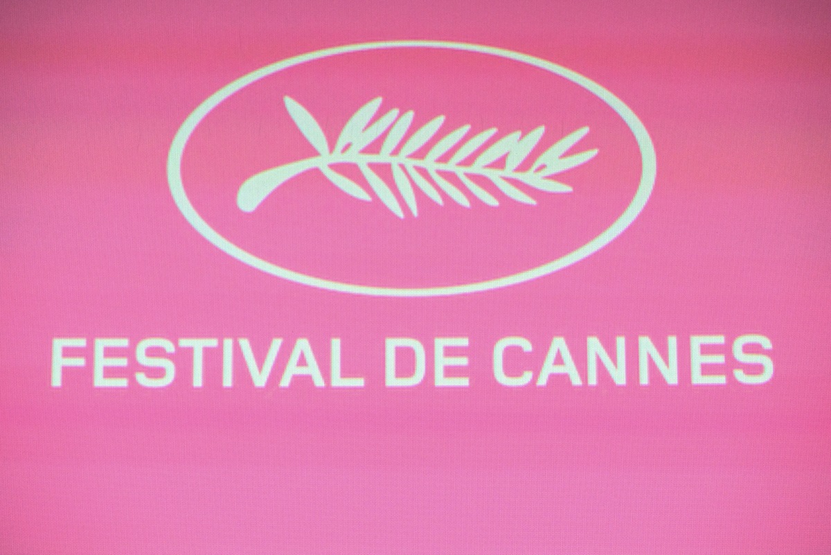 A photo shows the festival logo during press conference to announce the official selection of the 78th edition of the Cannes Film Festival, at the UGC Montparnasse cinema in Paris, on April 10, 2025. Photo by Bertrand GUAY / AFP.