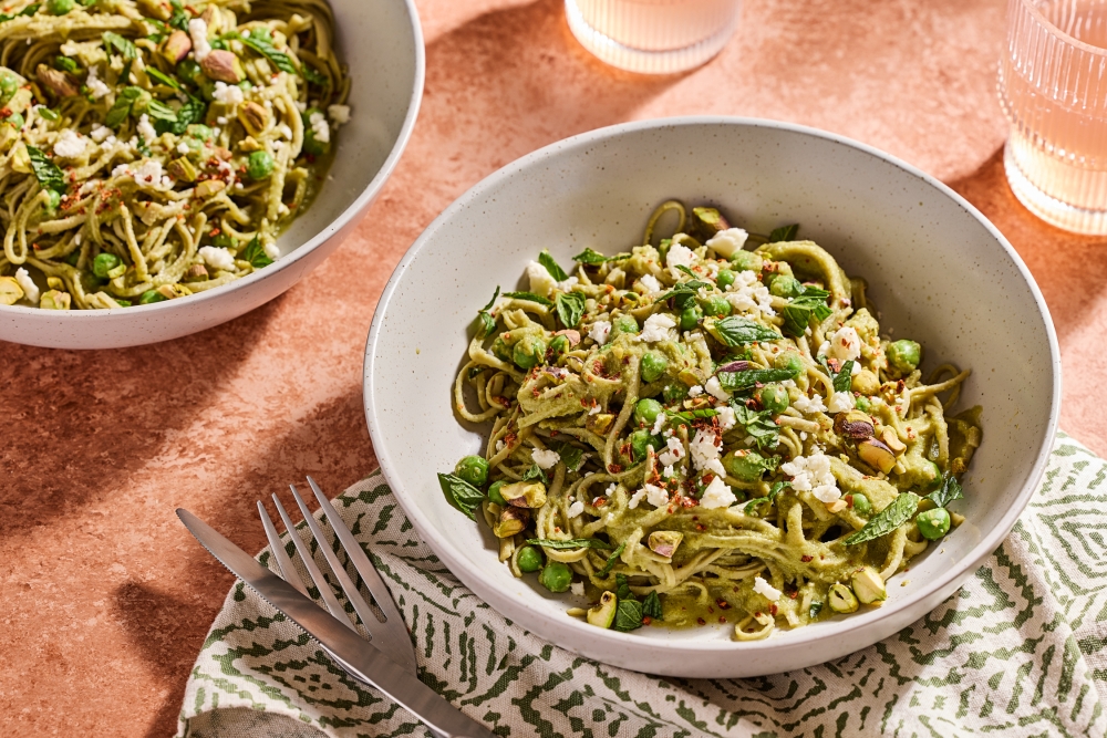 Edamame spaghetti with peas and pistachios. Photo by Tom McCorkle/For The Washington Post